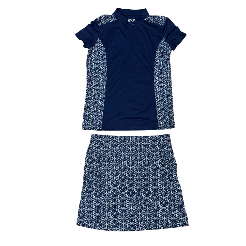IZOD Golf Womens Navy Blue Geometric Print Polo Shirt and Skort Set Size‎ S 2